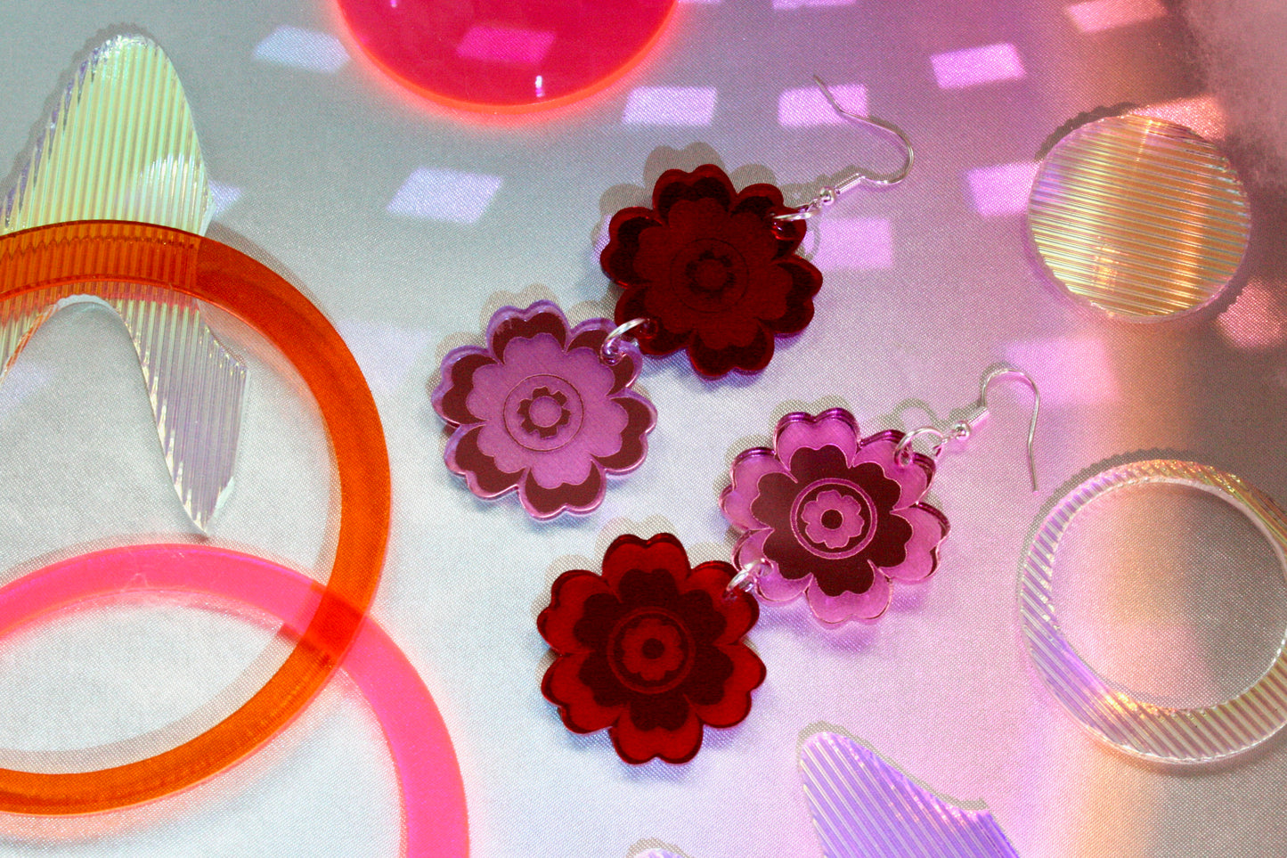 Double Flower Earrings- Reflective Red Pink Unique Art Deco