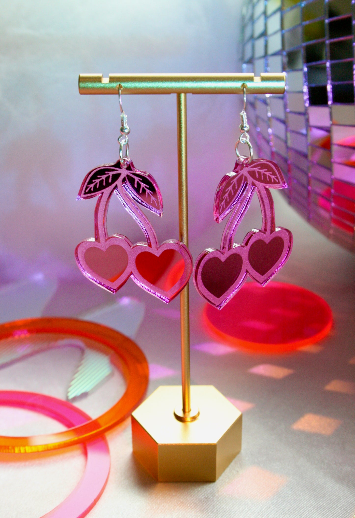 Cherry Heart Earrings- Neon Reflective Kawaii Sweet Teardrop Lightweight Valentines