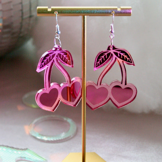 Cherry Heart Earrings- Reflective Kawaii Sweet Teardrop Lightweight Valentines