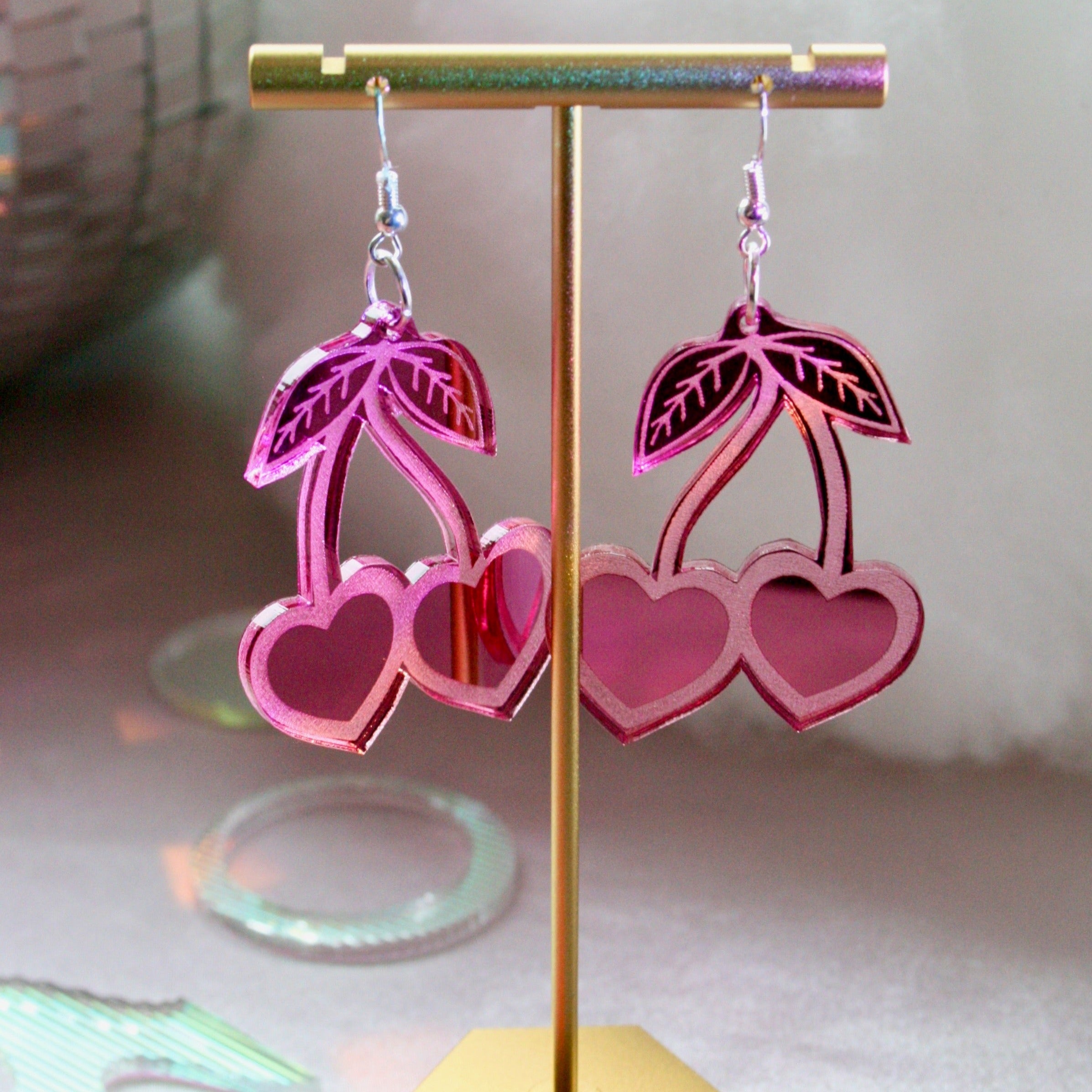 Cherry Heart Earrings- Reflective Kawaii Sweet Teardrop Lightweight Va ...