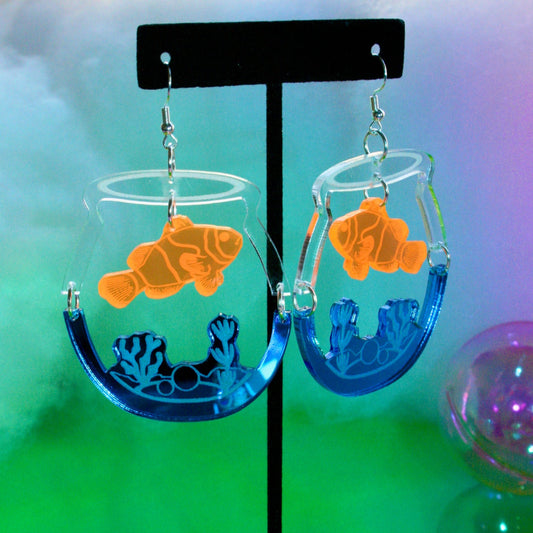 Fishbowl Earrings- Aquatic Water Ocean Clownfish Aquarium Sea Fish Tank