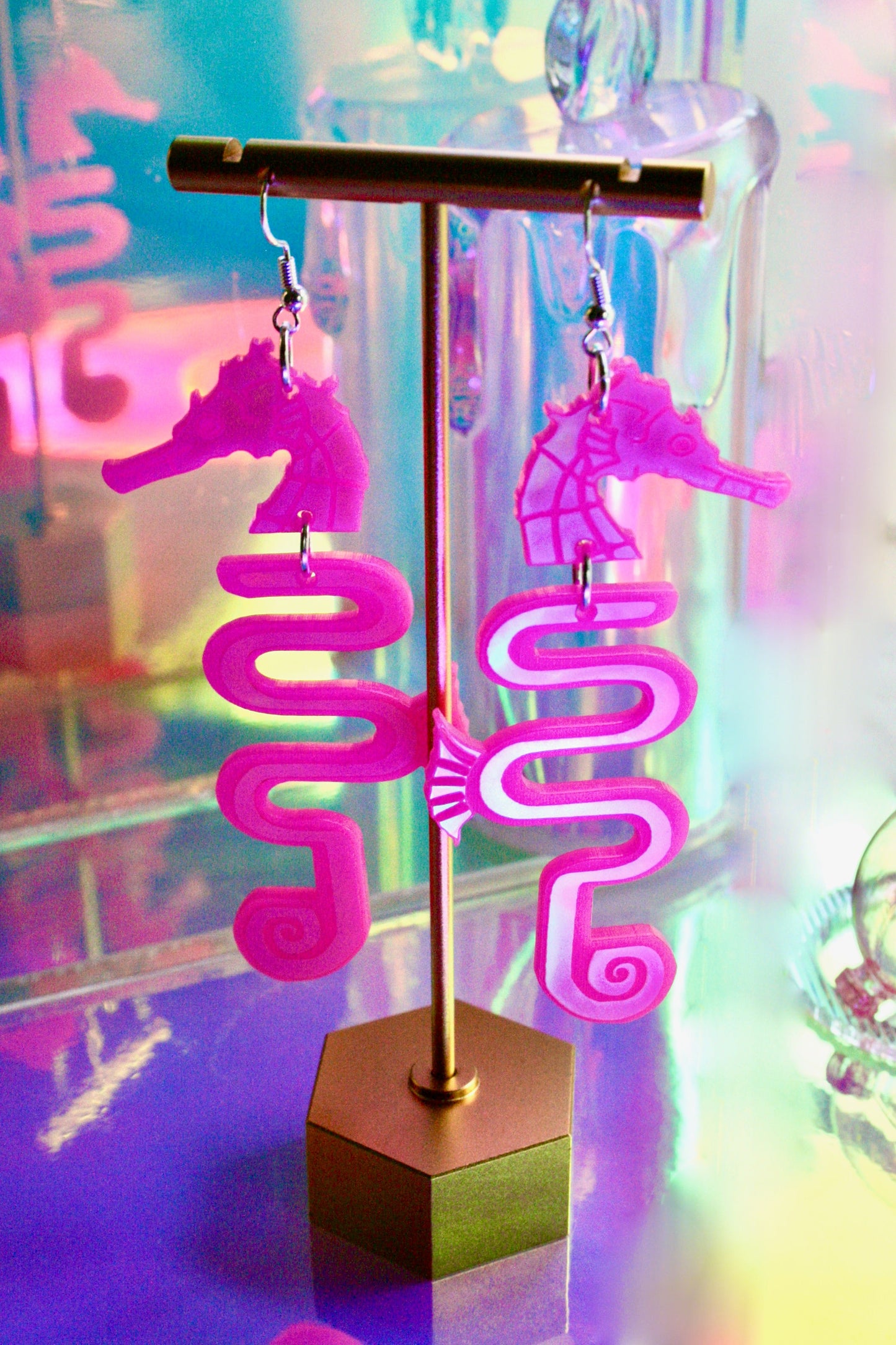 Seahorse Earrings- Aquatic Ocean 3D Aquarium Water Sea Horse Sea Dragon Iridescent Gold Pink