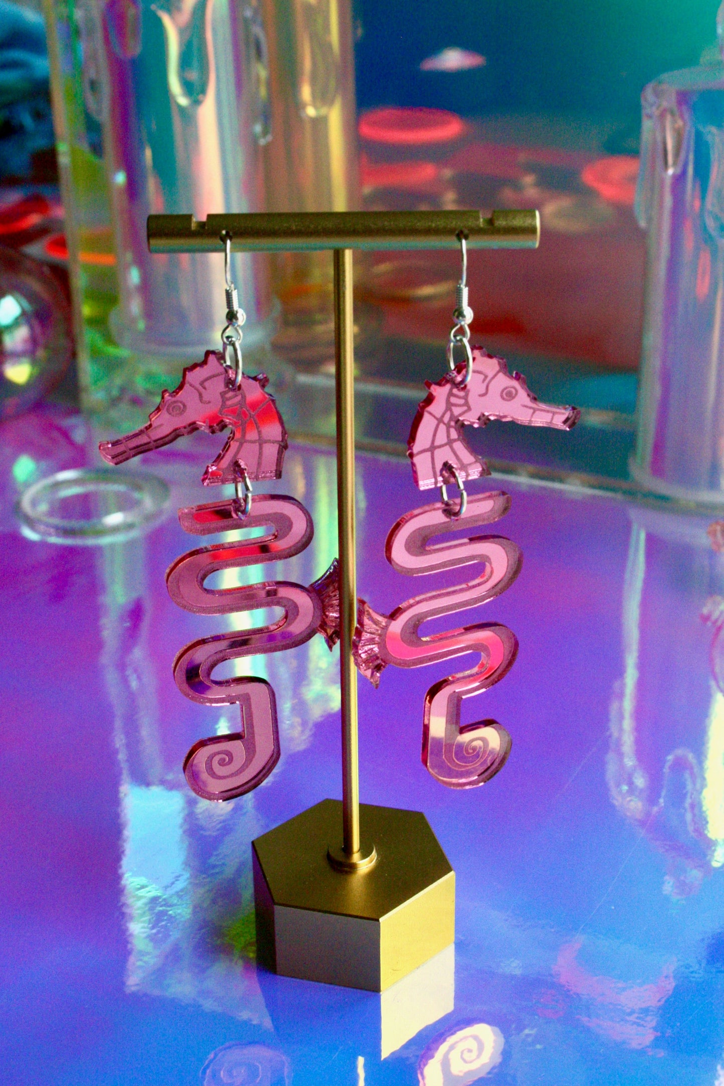 Seahorse Earrings- Aquatic Ocean 3D Aquarium Water Sea Horse Sea Dragon Iridescent Gold Pink