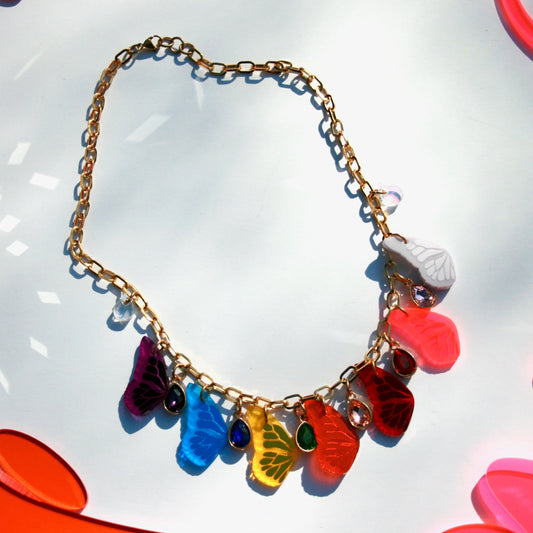 Rainbow Butterfly Wing Charm Necklace - OOAK One of a Kind Detailed