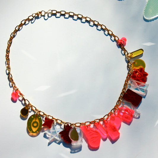 Red, Pink, Orange, and Yellow Charm Necklace - OOAK One of a Kind Detailed