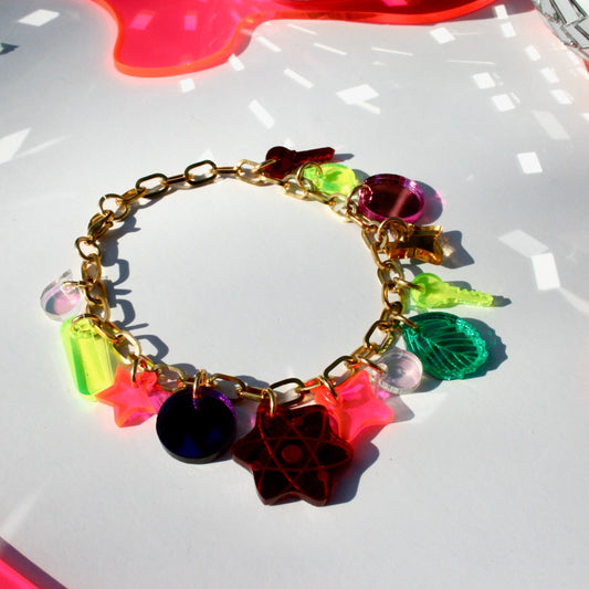 Rainbow Charm Bracelet - Reflective Fluorescent Sparkly Colorful OOAK One of a Kind Detailed