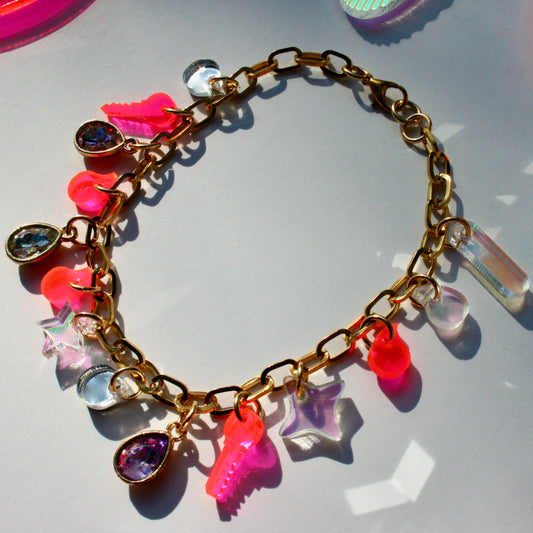 Pink & Iridescent Charm Bracelet - Reflective Fluorescent Sparkly Colorful OOAK One of a Kind Detailed