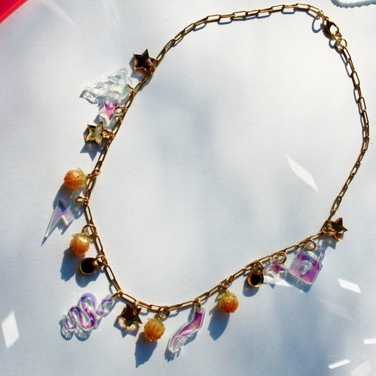 Gold & Iridescent Petite Chain Charm Necklace - Lasercut Holo Mirrored Detailed One of a Kind OOAK