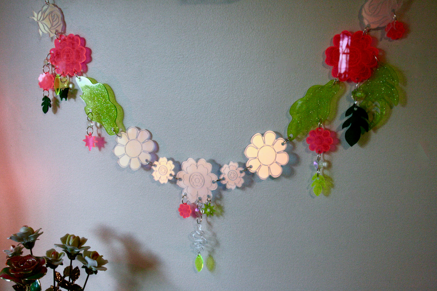 Floral Chain- Wall Hanging Garland Window Ornament Home Decor Whimsical Rainbow Flowers Neon Sparkle Dopamine