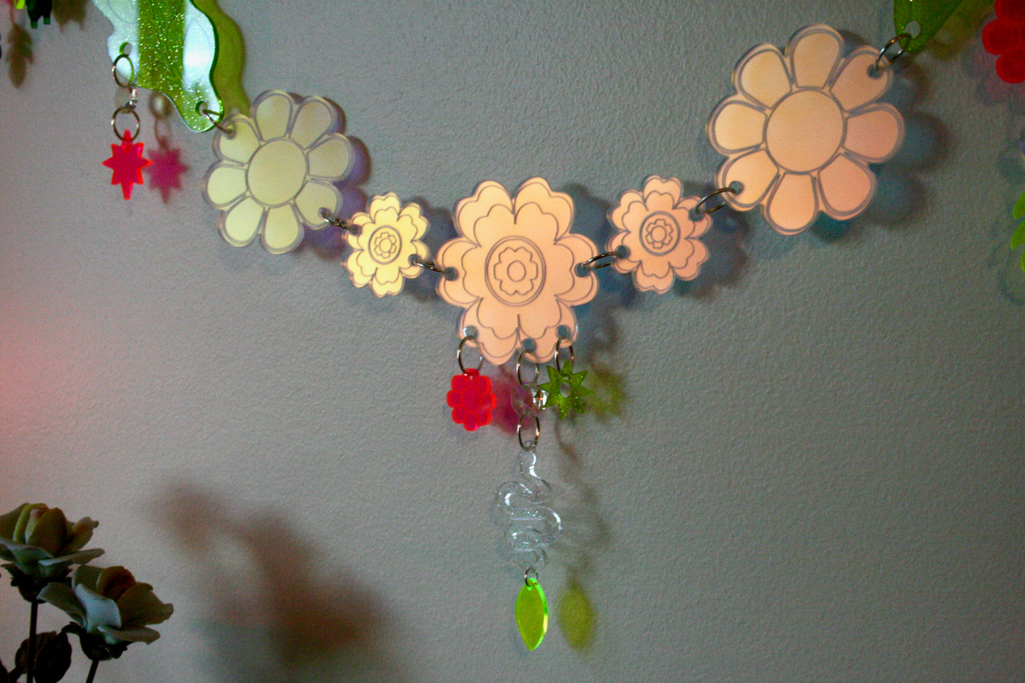 Floral Chain- Wall Hanging Garland Window Ornament Home Decor Whimsical Rainbow Flowers Neon Sparkle Dopamine