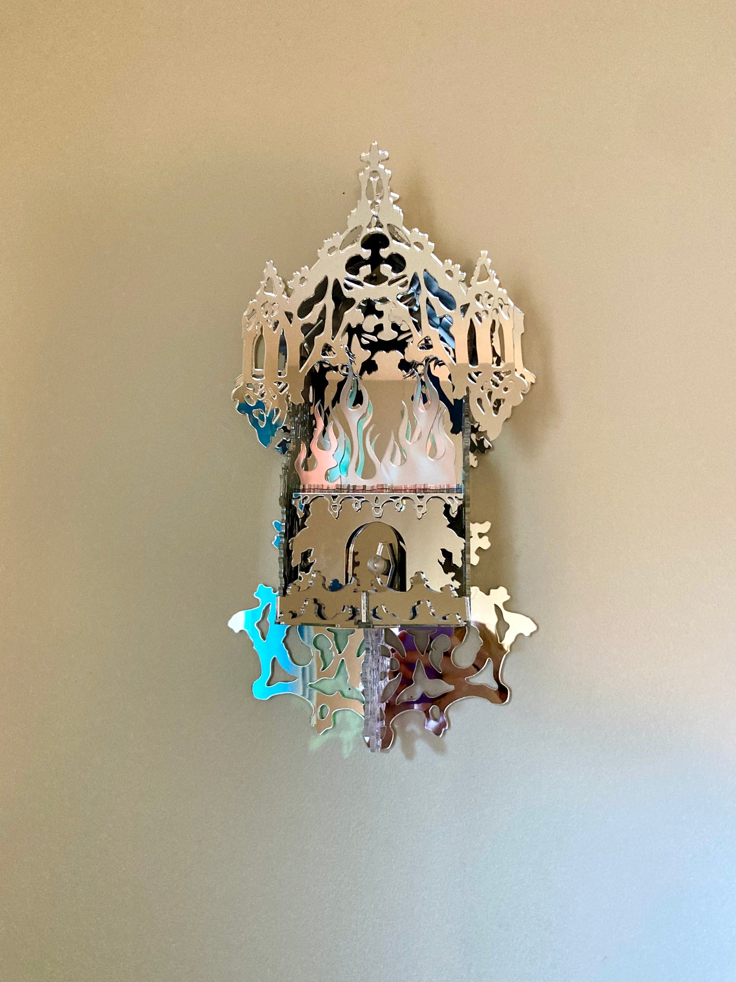 Mirrored Reflective Iridescent Flame Shrine Temple Wall Hanging- Home Decor OOAK