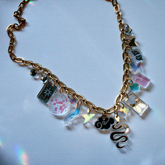 Reflective Silver & Iridescent Charm Necklace - OOAK One of a Kind Detailed