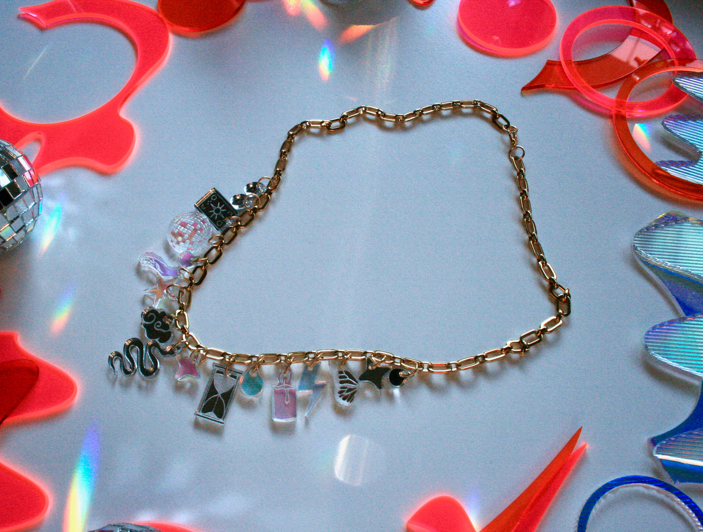 Reflective Silver & Iridescent Charm Necklace - OOAK One of a Kind Detailed