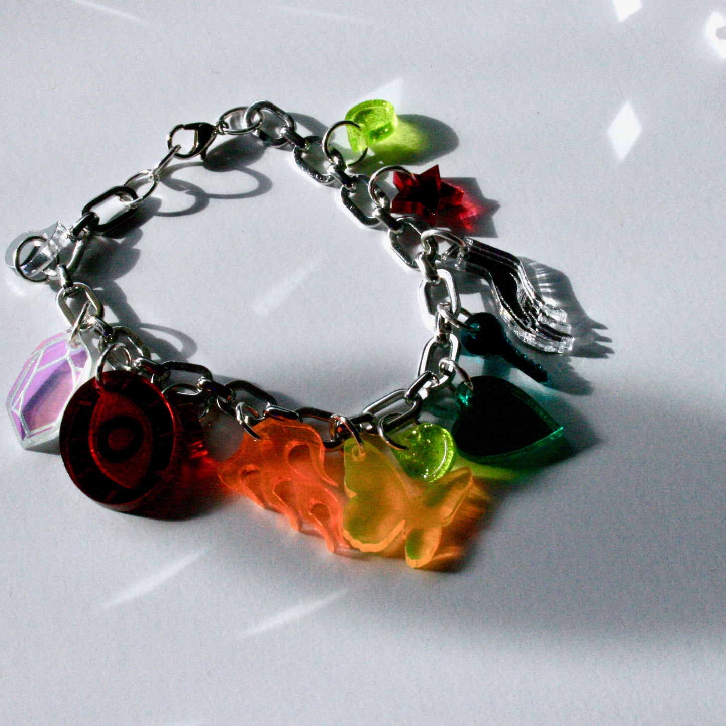 Rainbow Charm Bracelet - Reflective Fluorescent Sparkly Colorful OOAK One of a Kind Detailed