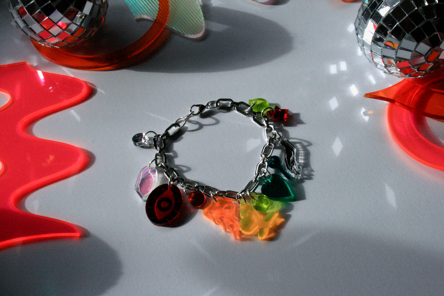 Rainbow Charm Bracelet - Reflective Fluorescent Sparkly Colorful OOAK One of a Kind Detailed