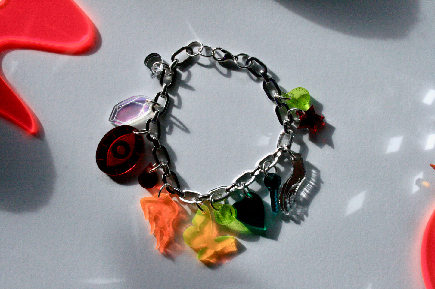 Rainbow Charm Bracelet - Reflective Fluorescent Sparkly Colorful OOAK One of a Kind Detailed