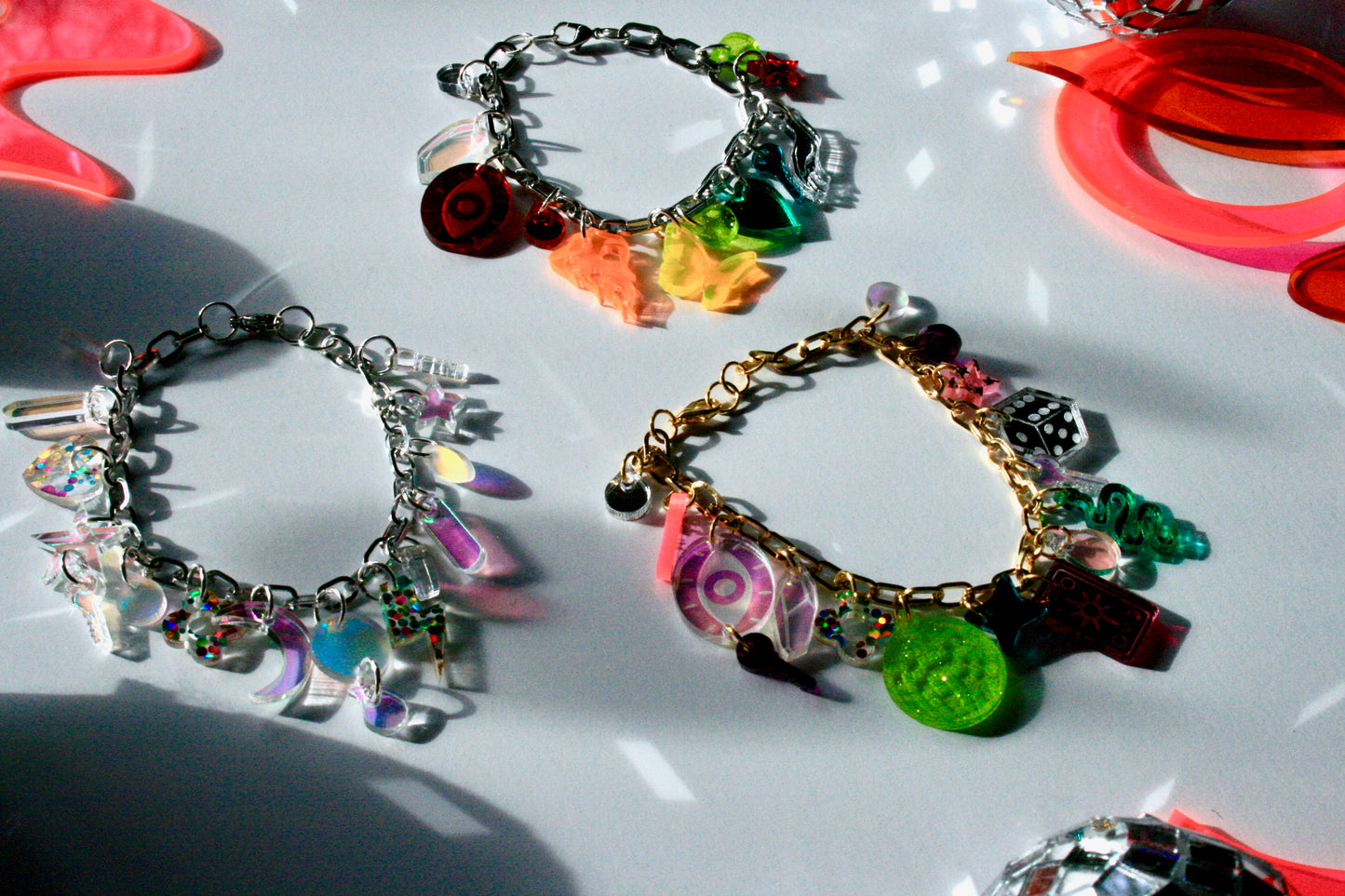 Iridescent Charm Bracelet - Reflective Fluorescent Sparkly Colorful OOAK One of a Kind Detailed