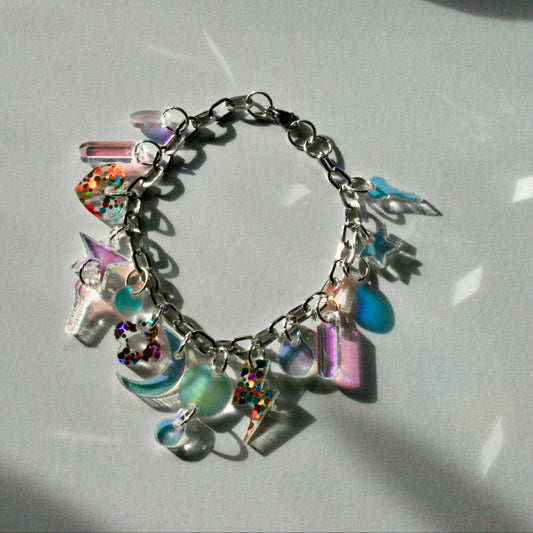 Iridescent Charm Bracelet - Reflective Fluorescent Sparkly Colorful OOAK One of a Kind Detailed