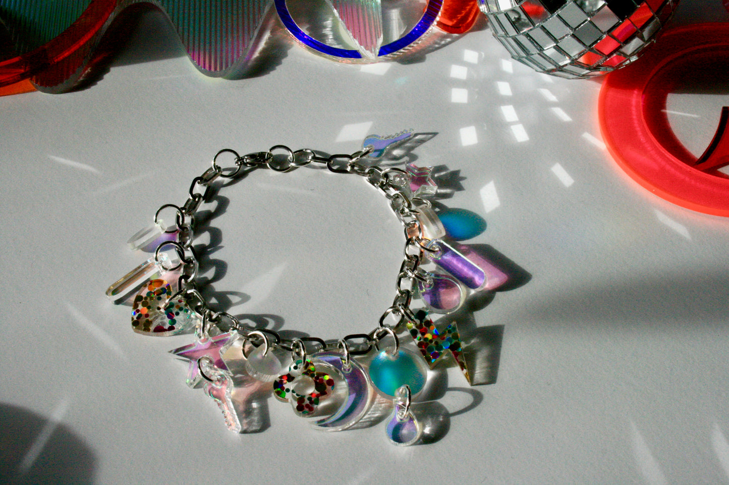 Iridescent Charm Bracelet - Reflective Fluorescent Sparkly Colorful OOAK One of a Kind Detailed