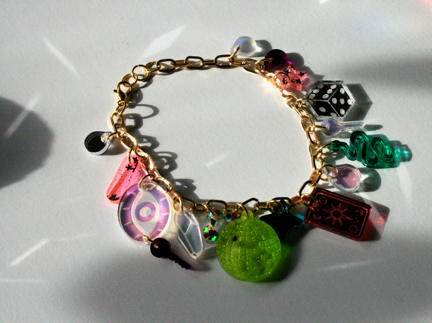 Pastel Charm Bracelet - Reflective Fluorescent Sparkly Colorful OOAK One of a Kind Detailed