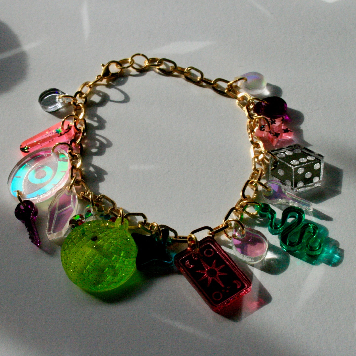 Pastel Charm Bracelet - Reflective Fluorescent Sparkly Colorful OOAK One of a Kind Detailed