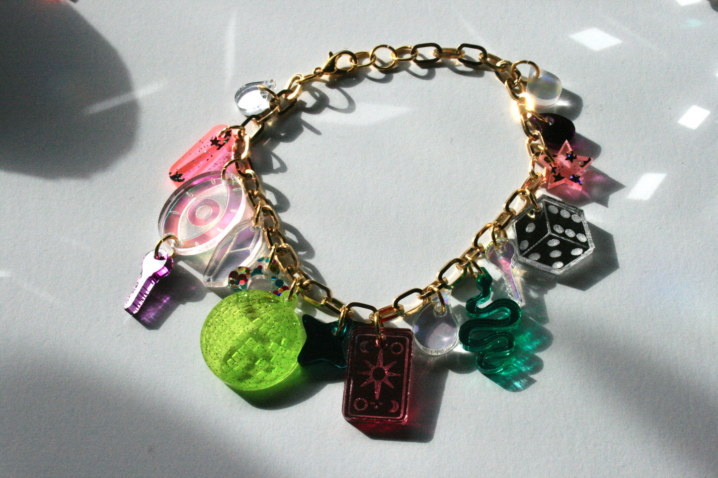 Pastel Charm Bracelet - Reflective Fluorescent Sparkly Colorful OOAK One of a Kind Detailed