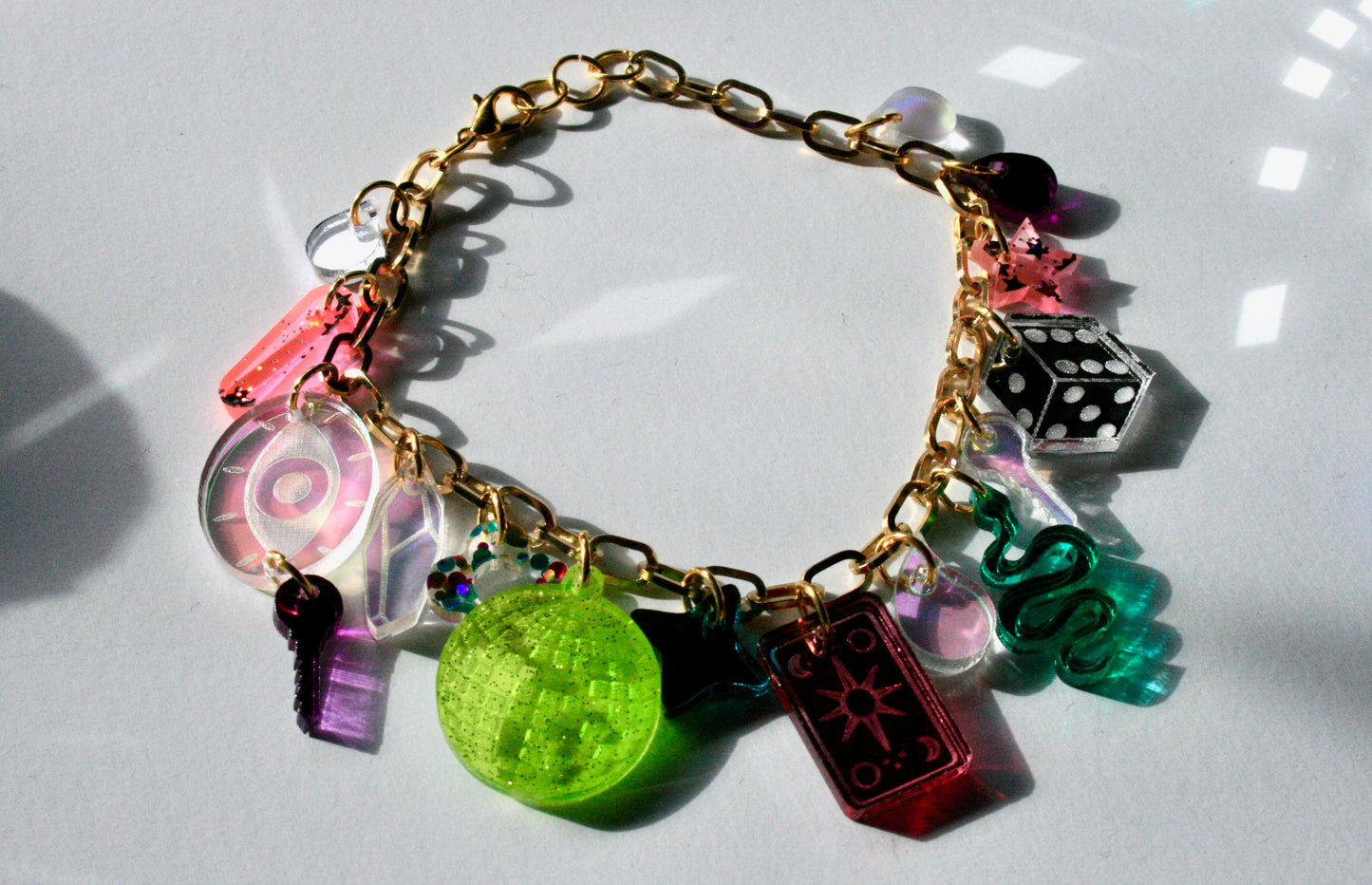 Pastel Charm Bracelet - Reflective Fluorescent Sparkly Colorful OOAK One of a Kind Detailed