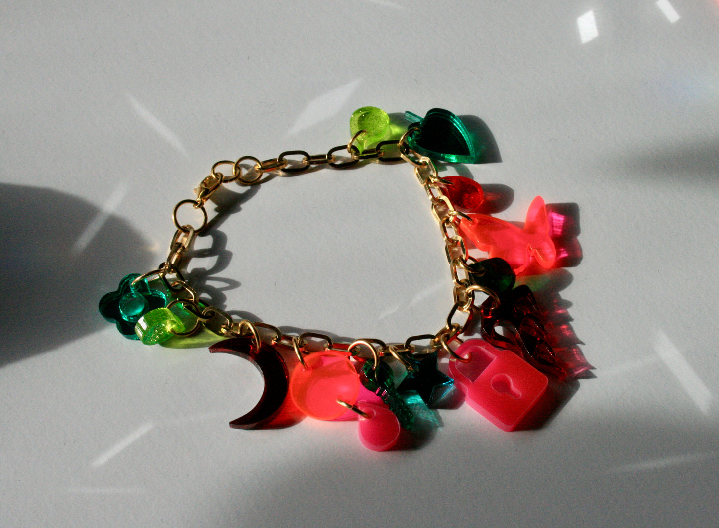 Pink and Green Charm Bracelet - Reflective Fluorescent Sparkly Colorful OOAK One of a Kind Detailed