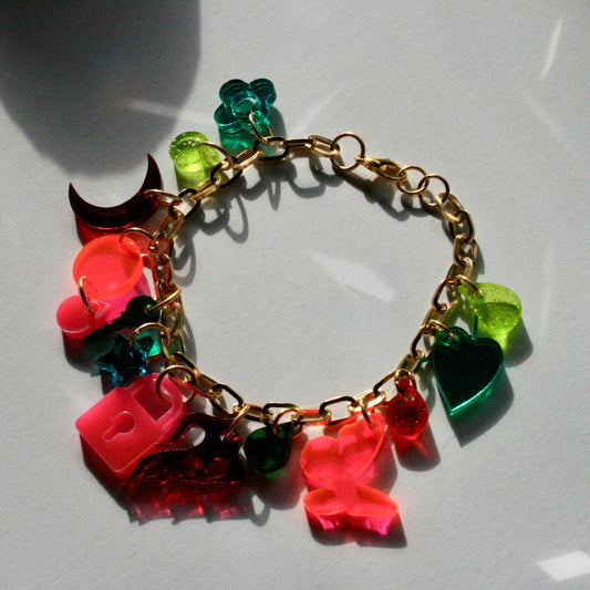 Pink and Green Charm Bracelet - Reflective Fluorescent Sparkly Colorful OOAK One of a Kind Detailed