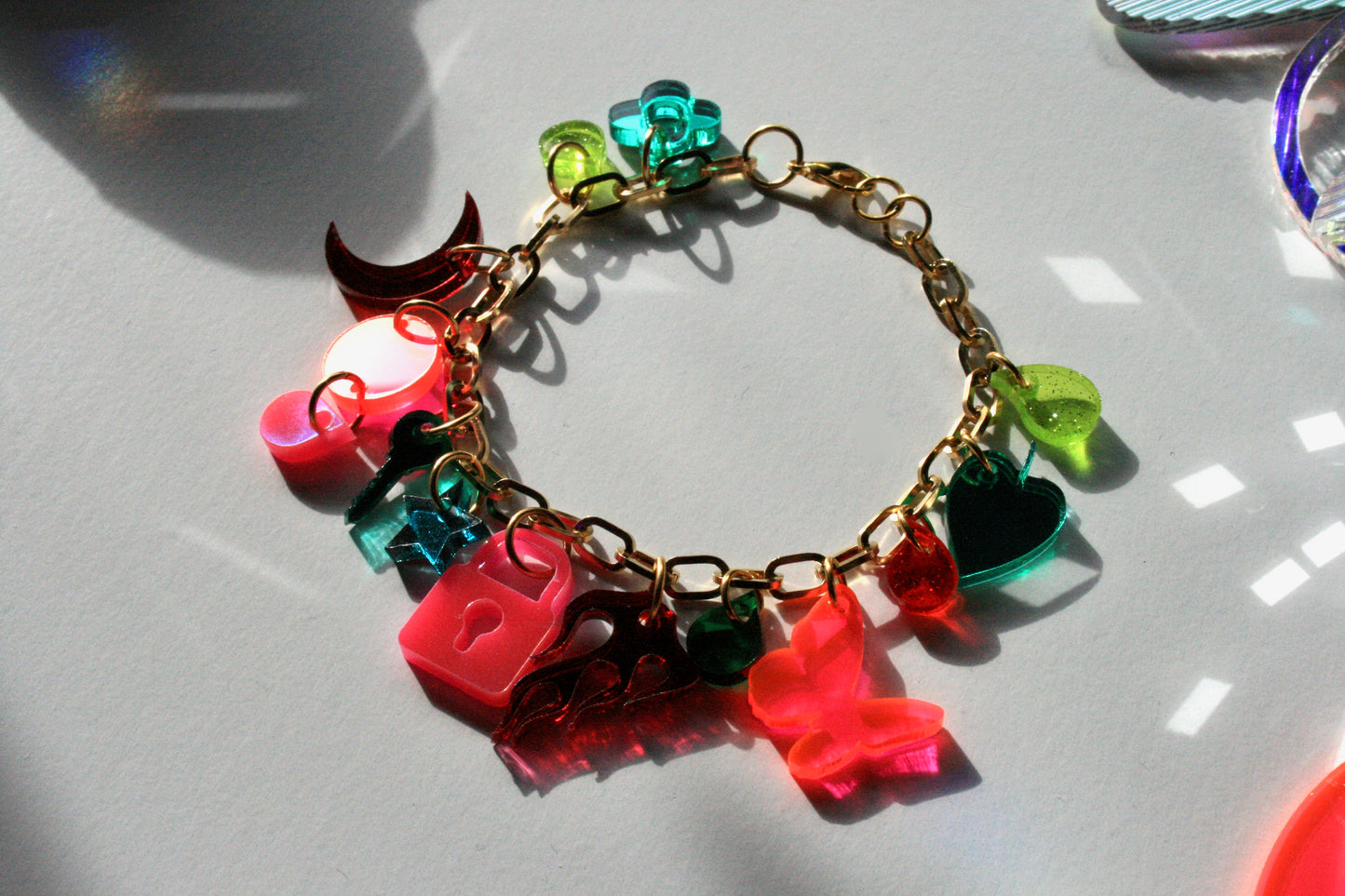 Pink and Green Charm Bracelet - Reflective Fluorescent Sparkly Colorful OOAK One of a Kind Detailed