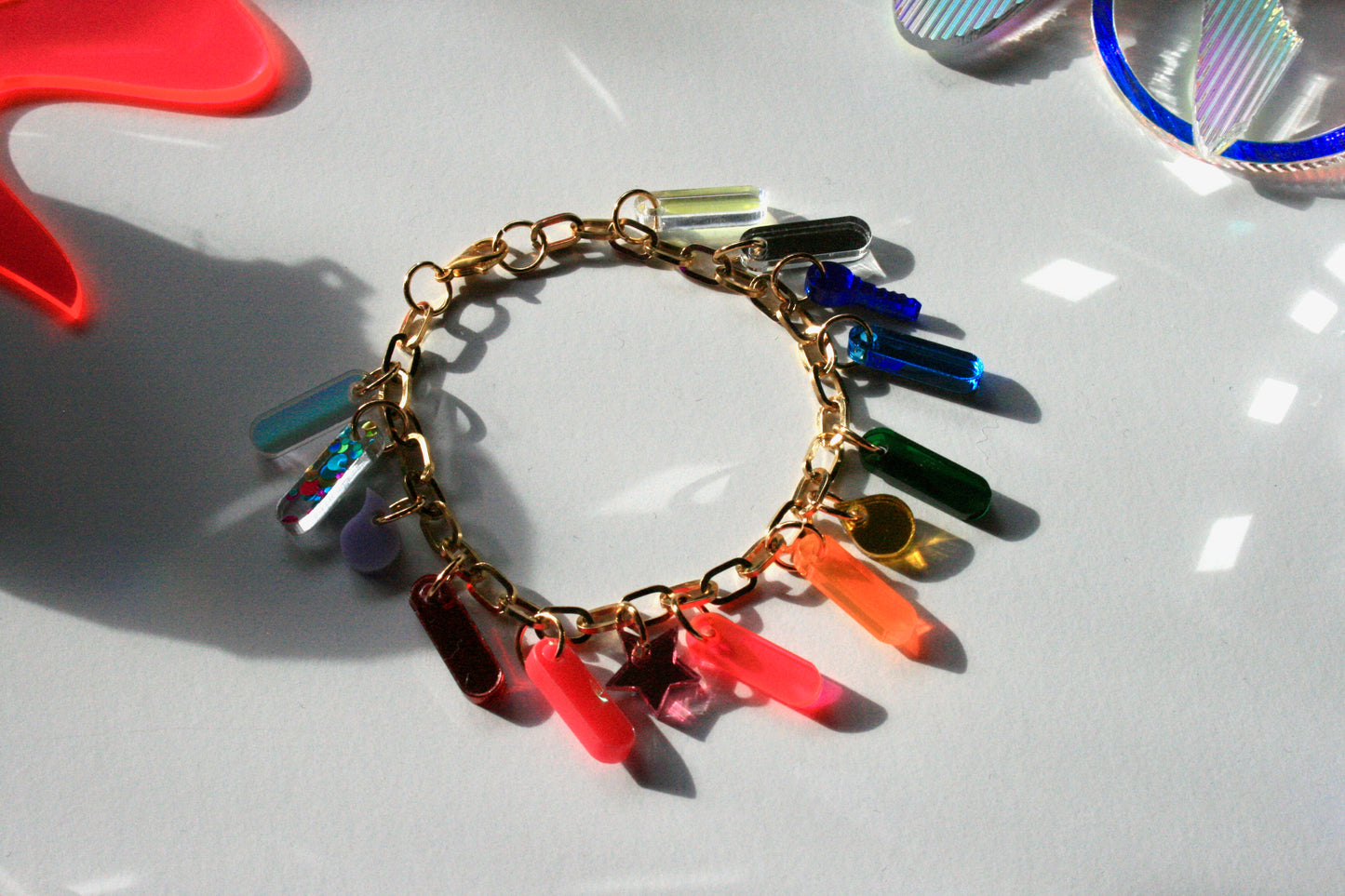 Rainbow Bracelet - Reflective Fluorescent Sparkly Colorful OOAK One of a Kind Detailed