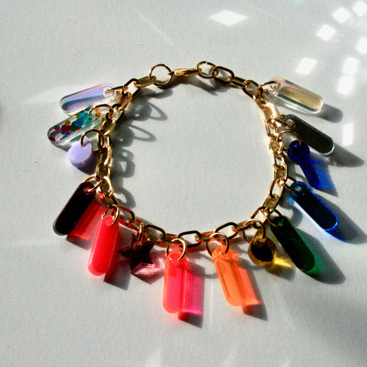 Rainbow Bracelet - Reflective Fluorescent Sparkly Colorful OOAK One of a Kind Detailed