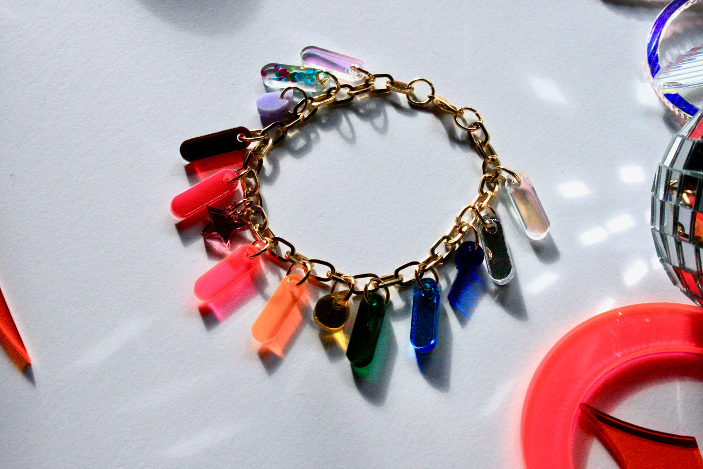 Rainbow Bracelet - Reflective Fluorescent Sparkly Colorful OOAK One of a Kind Detailed