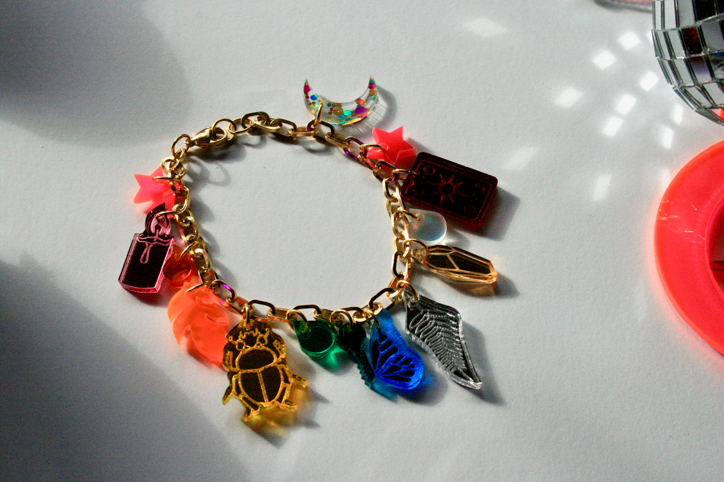 Rainbow Charm Bracelet - Reflective Fluorescent Sparkly Colorful OOAK One of a Kind Detailed