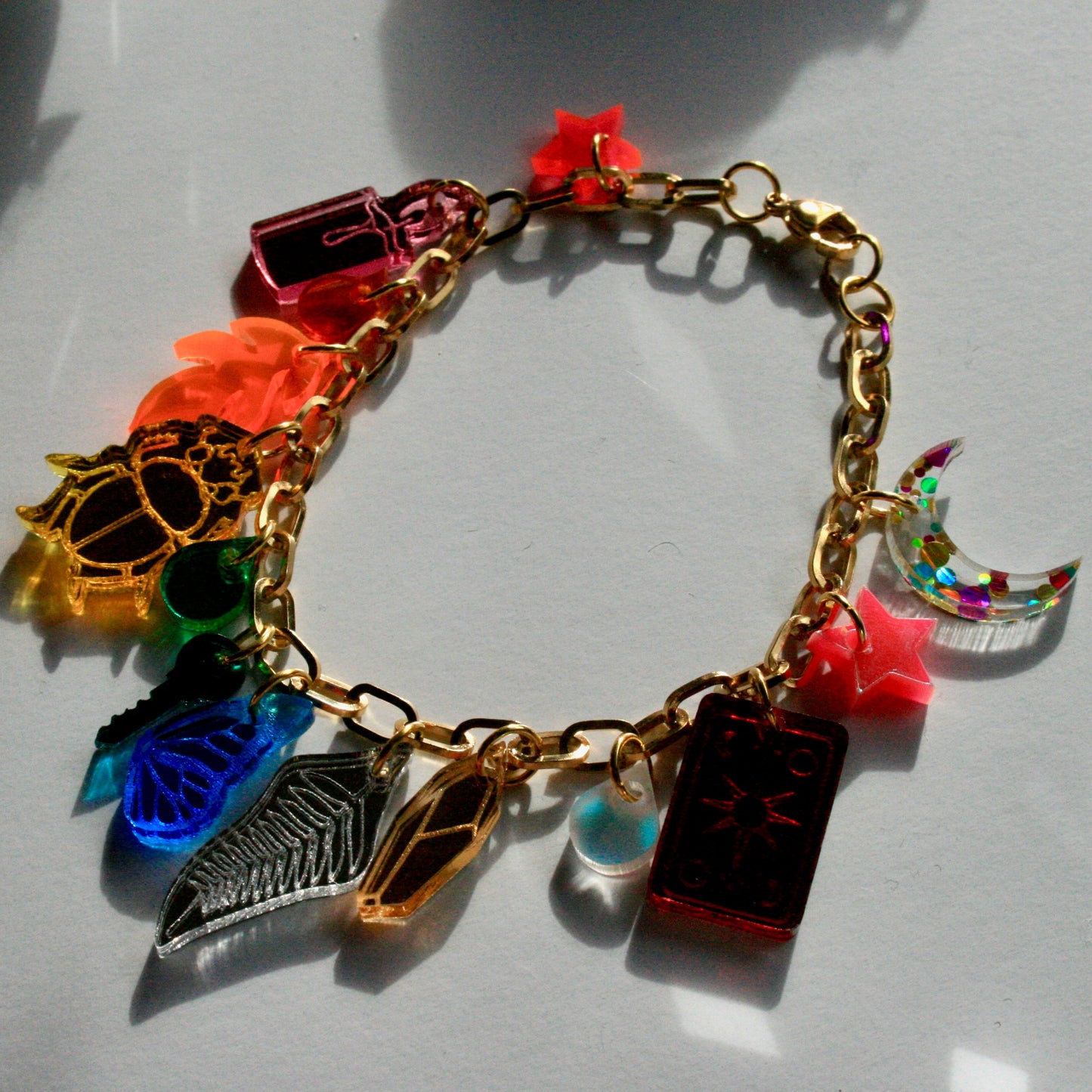 Rainbow Charm Bracelet - Reflective Fluorescent Sparkly Colorful OOAK One of a Kind Detailed