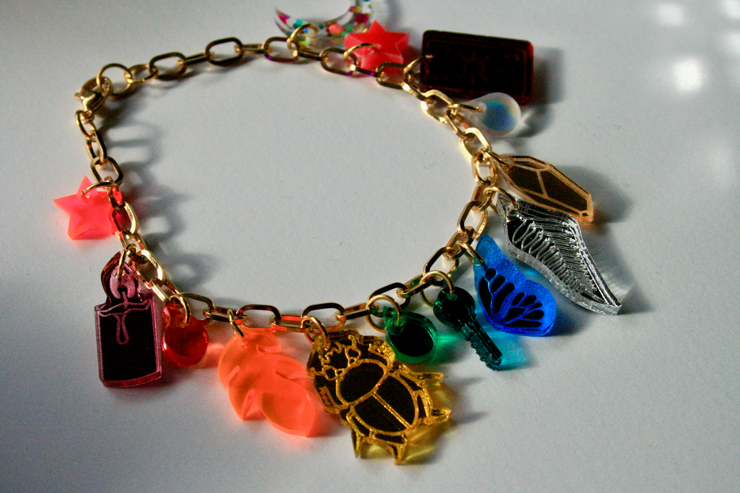 Rainbow Charm Bracelet - Reflective Fluorescent Sparkly Colorful OOAK One of a Kind Detailed