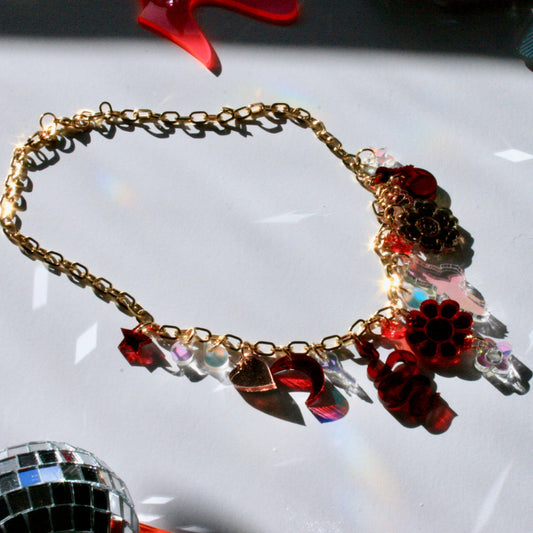 Red, Brown & Iridescent Charm Necklace - OOAK One of a Kind Detailed