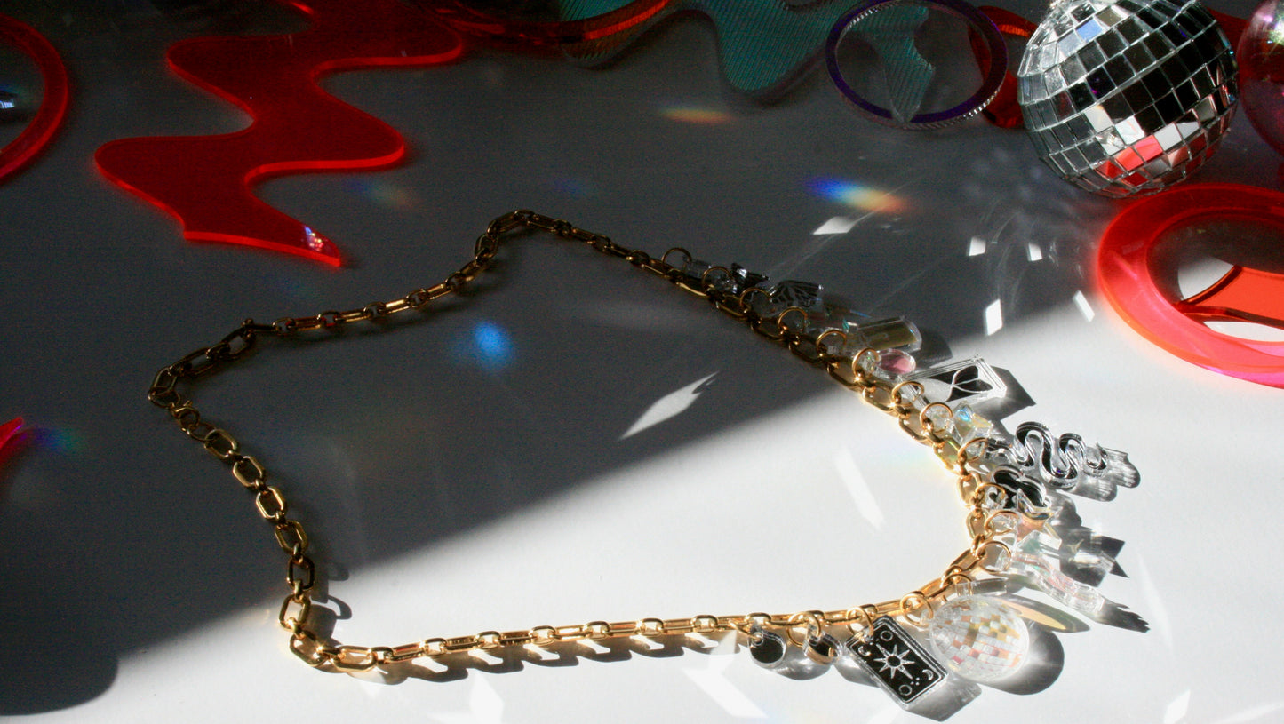 Reflective Silver & Iridescent Charm Necklace - OOAK One of a Kind Detailed