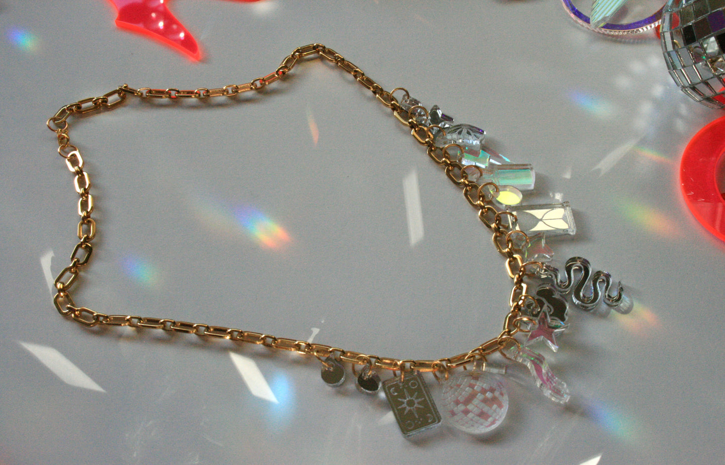 Reflective Silver & Iridescent Charm Necklace - OOAK One of a Kind Detailed