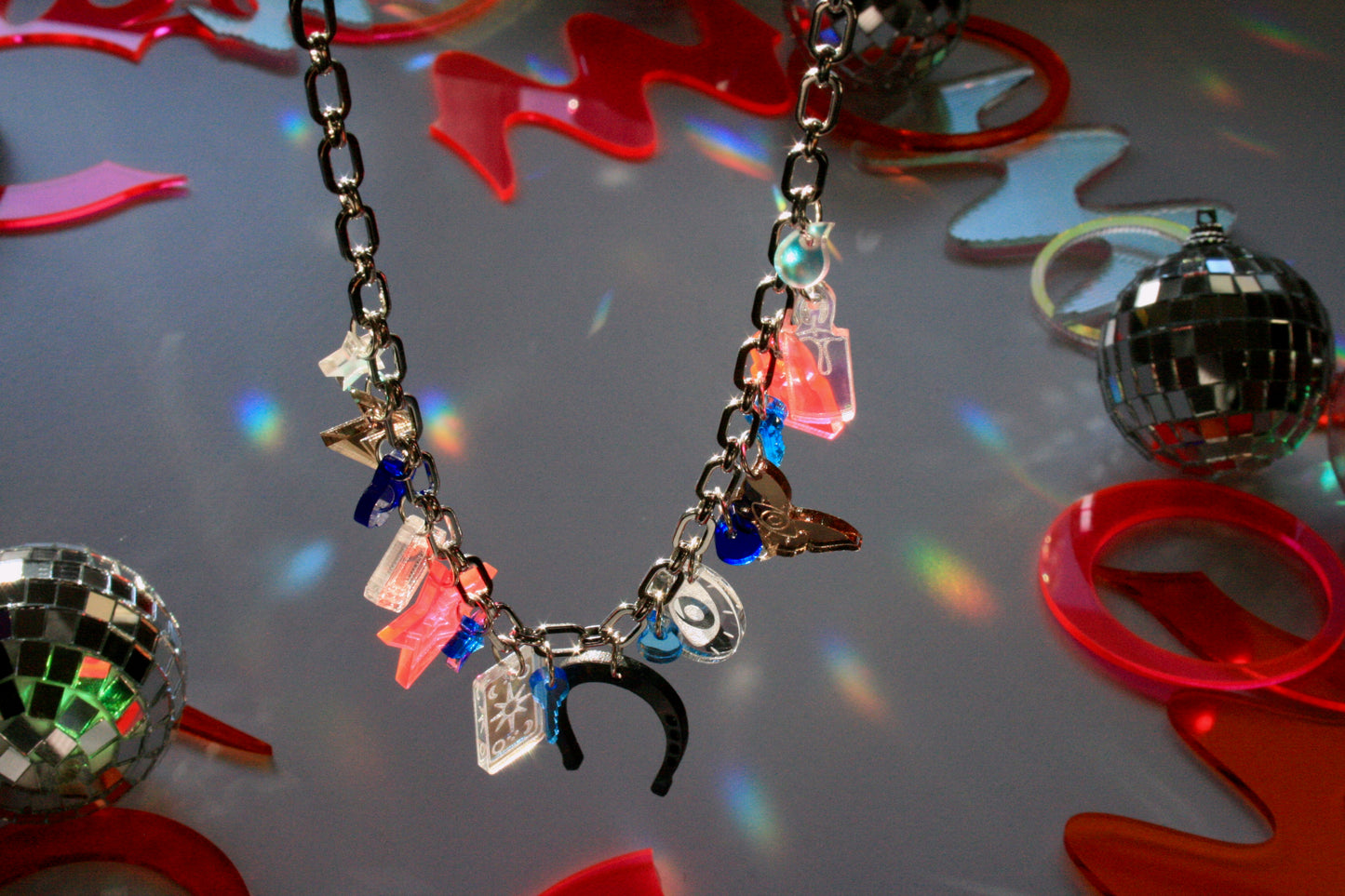 Pink, Blue, Brown & Iridescent Charm Necklace - OOAK One of a Kind Detailed