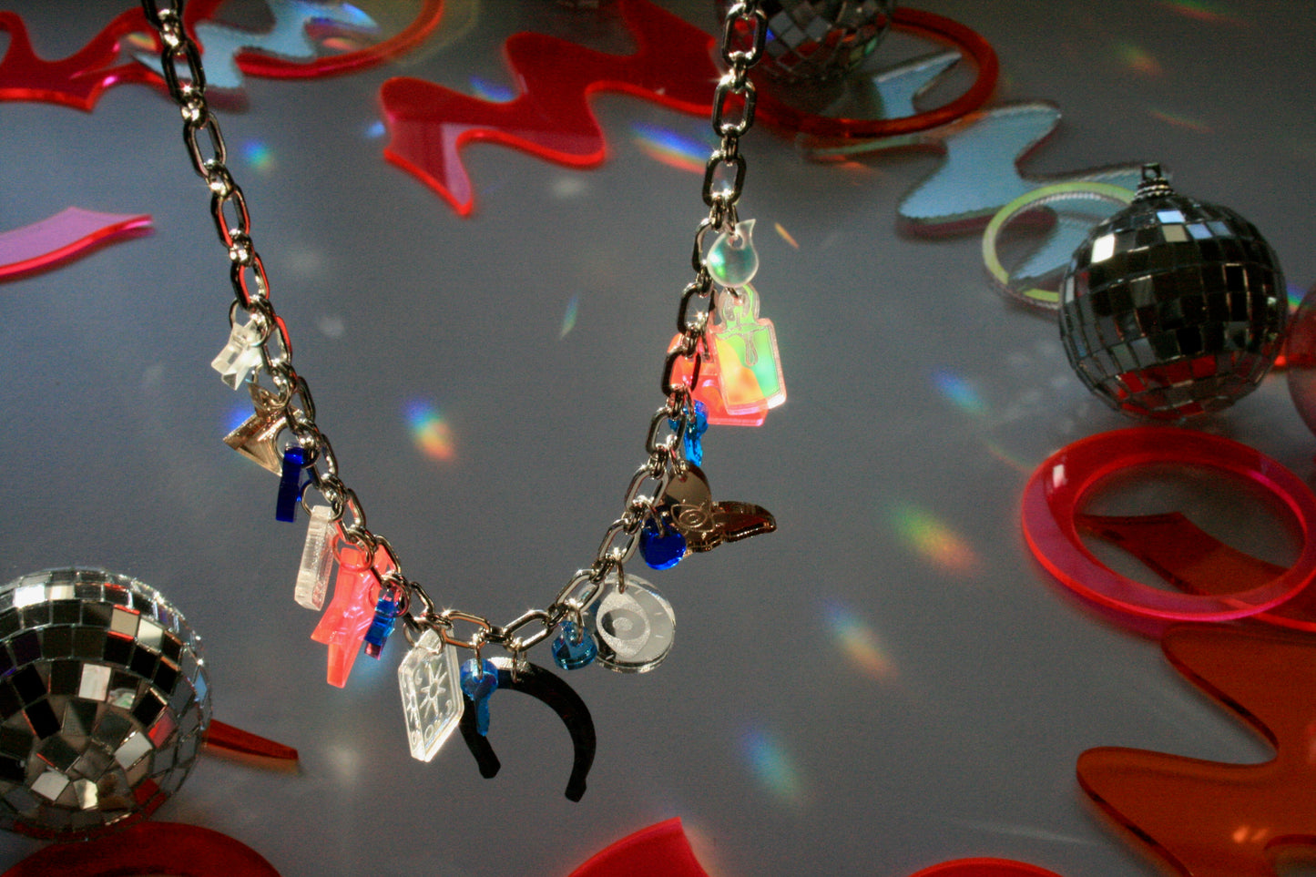 Pink, Blue, Brown & Iridescent Charm Necklace - OOAK One of a Kind Detailed