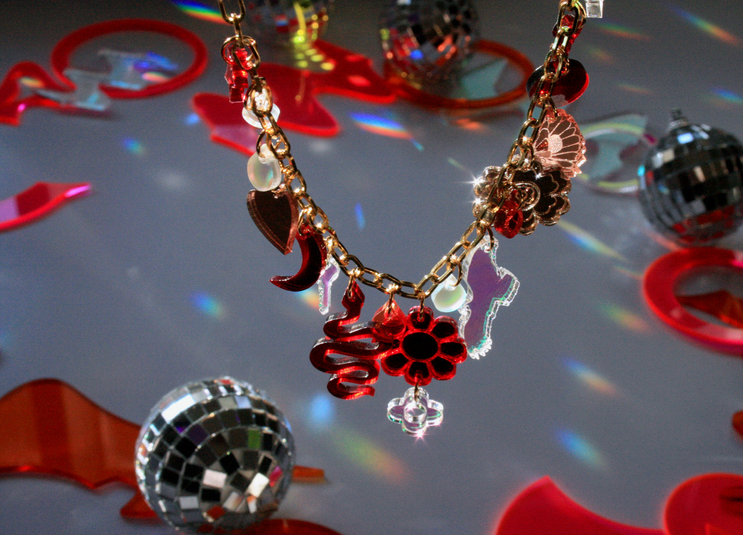 Red, Brown & Iridescent Charm Necklace - OOAK One of a Kind Detailed