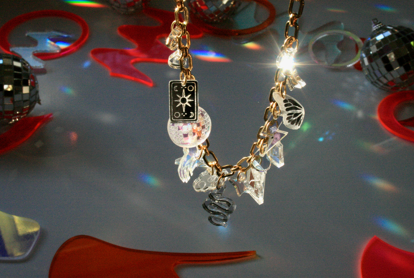 Reflective Silver & Iridescent Charm Necklace - OOAK One of a Kind Detailed