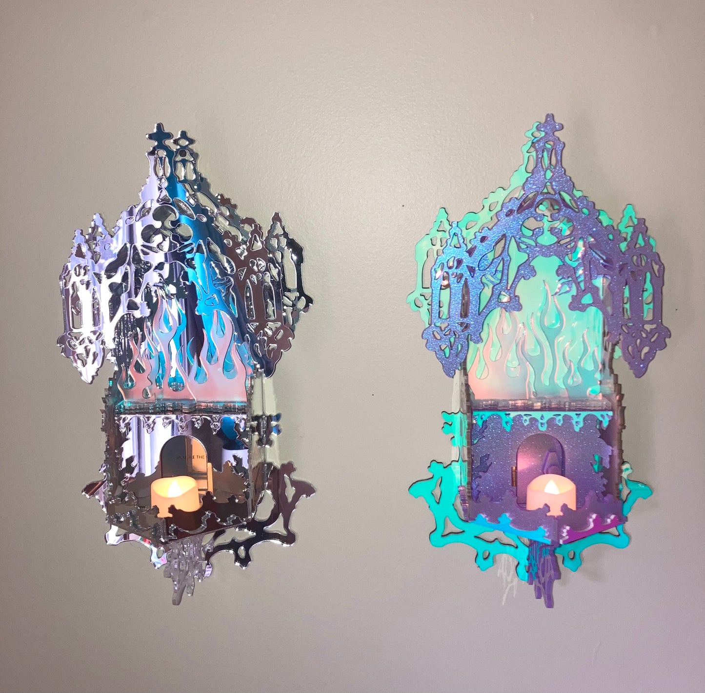 Mirrored Reflective Iridescent Flame Shrine Temple Wall Hanging- Home Decor OOAK