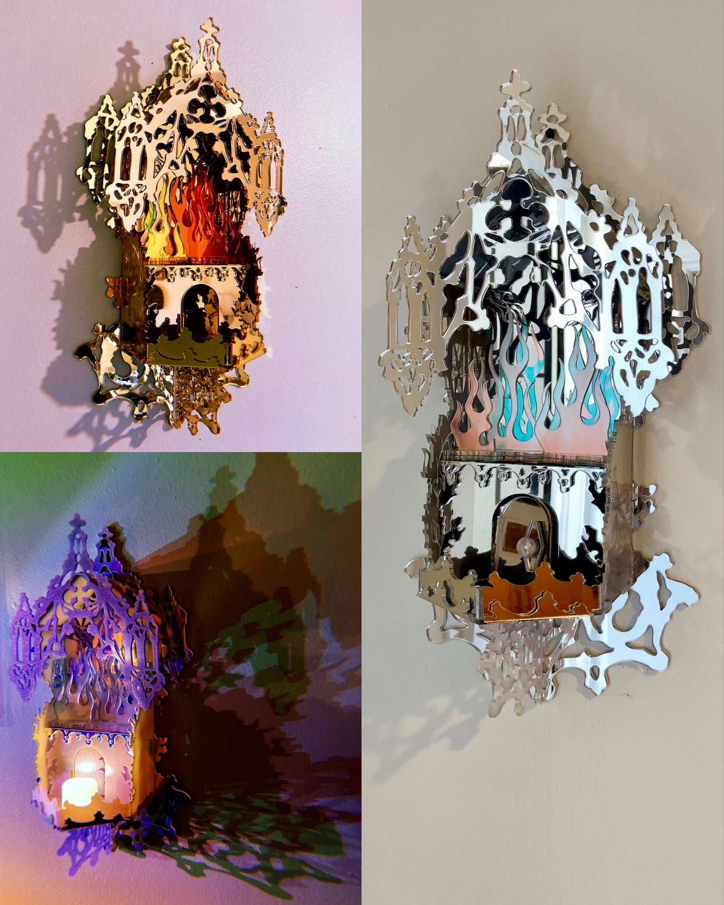 Mirrored Reflective Iridescent Flame Shrine Temple Wall Hanging- Home Decor OOAK