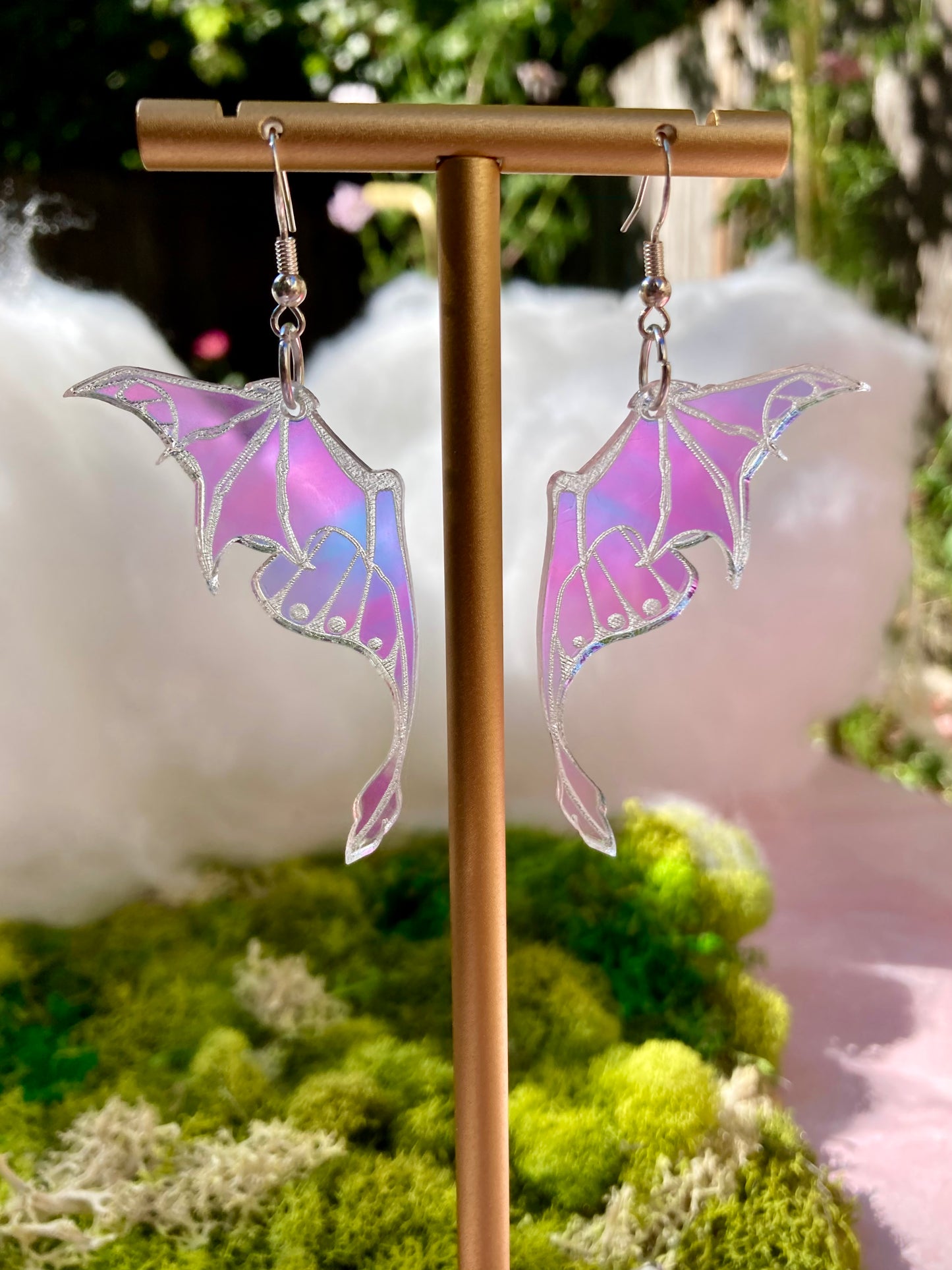 Moth Demon Wing Earrings - Halloween Iridescent Mirrored Spooky Hallows Eve Undead Lightweight Hypoallergenic Reflective Mirrored Rave Festival Party Witch