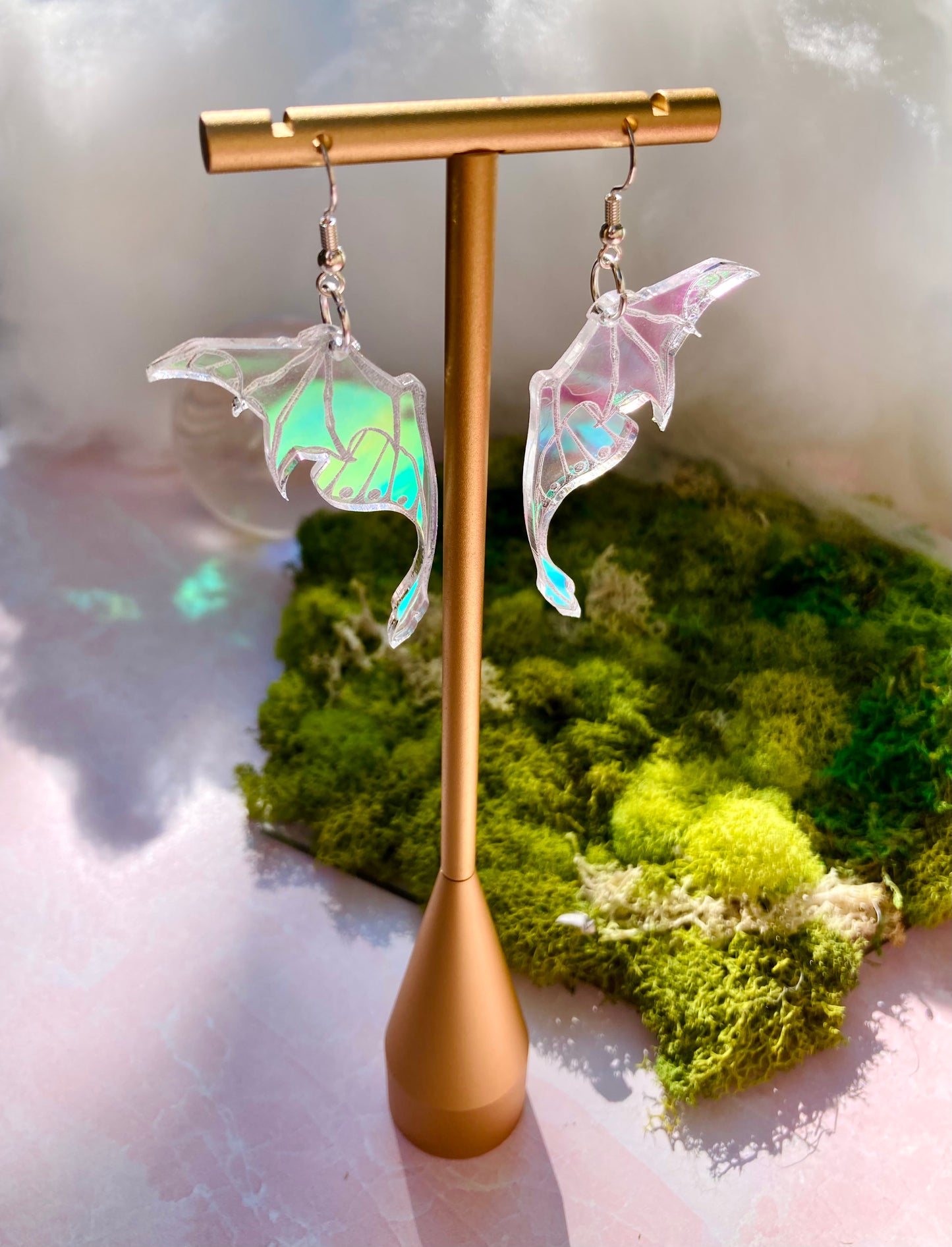 Moth Demon Wing Earrings - Halloween Iridescent Mirrored Spooky Hallows Eve Undead Lightweight Hypoallergenic Reflective Mirrored Rave Festival Party Witch