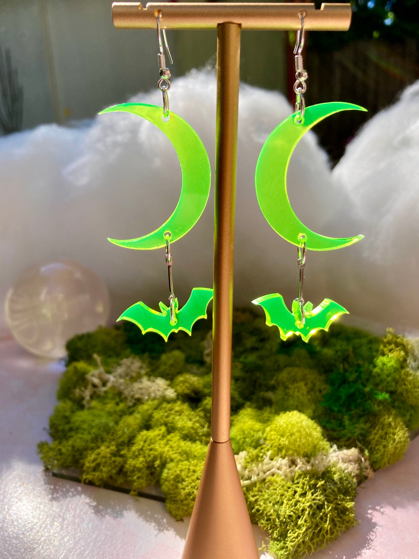 Neon Green Moon Bat Earrings - Halloween Iridescent Mirrored Spooky Hallows Eve Undead Lightweight Hypoallergenic Reflective Mirrored Rave Festival Party Fluorescent Blacklight Reactive