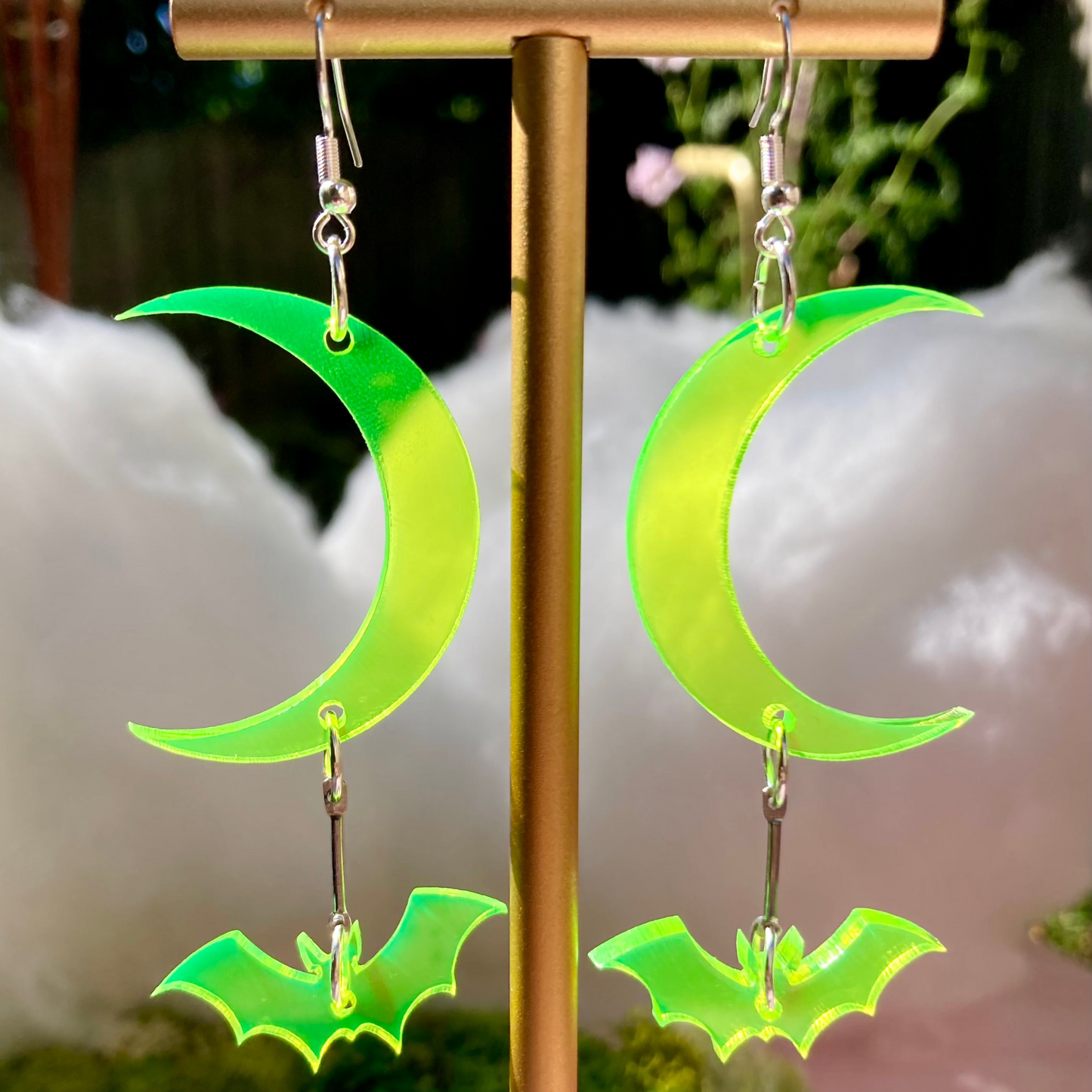 Neon Green Moon Bat Earrings - Halloween Iridescent Mirrored Spooky Hallows Eve Undead Lightweight Hypoallergenic Reflective Mirrored Rave Festival Party Fluorescent Blacklight Reactive