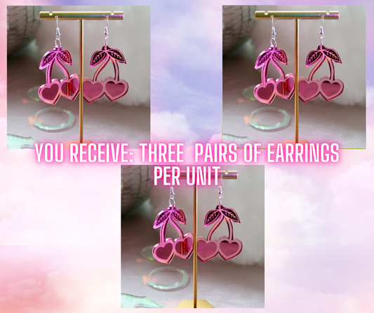 Wholesale- Cherry Heart Earrings- Reflective Kawaii Sweet Teardrop Lightweight Valentines